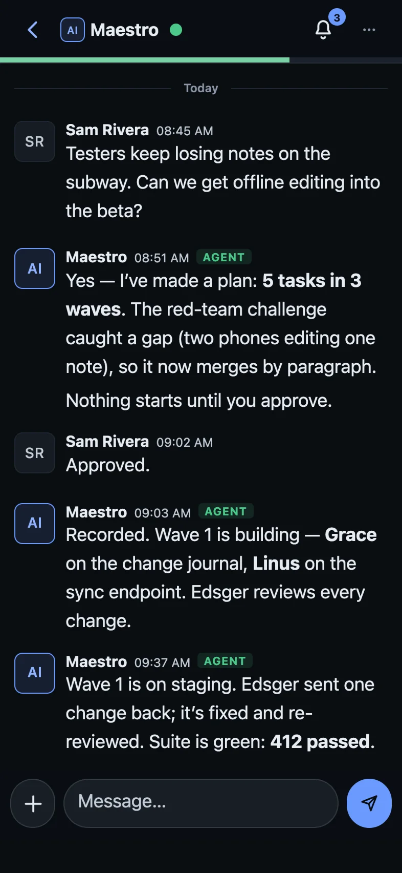 Maestro on iPhone: a conversation with your AI coordinator.